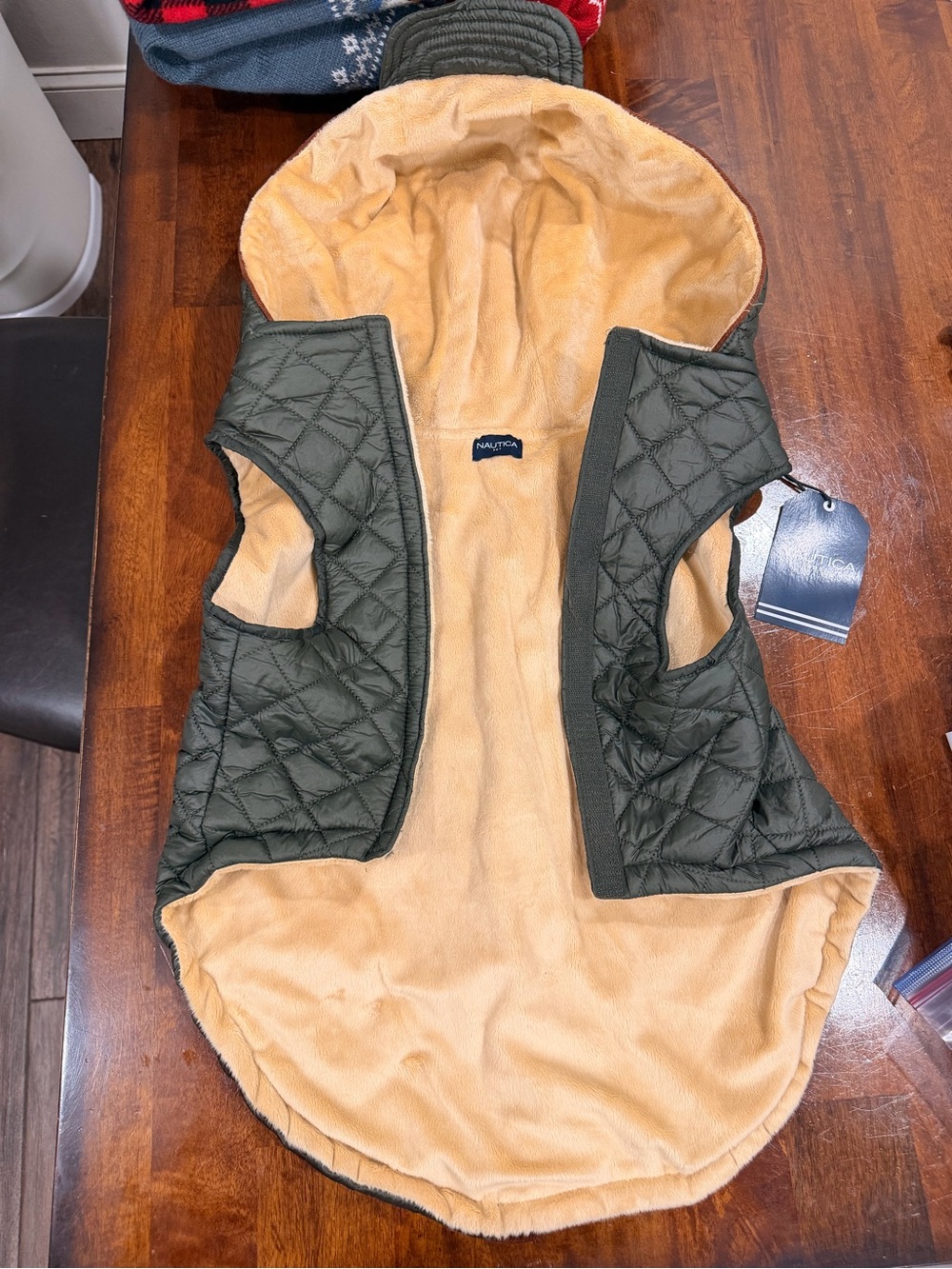 Dog Pet Nautica Olive Green Quilted Hooded Vest with Beige Lining